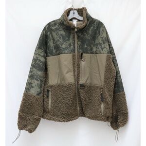 H&M Faux Shearling Jacket Teddy Khaki Green Cozy Warm Fall Full zip hiking men L